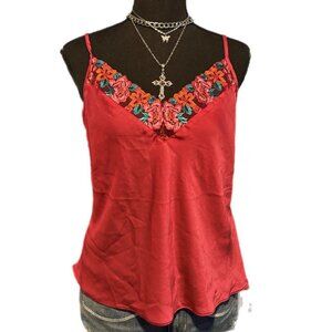 red embroidered floral slip top